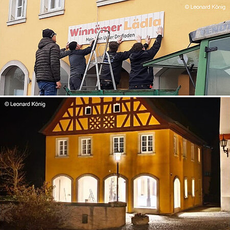 Bildcollage: Oben befestigen warm gekleidete Personen auf dem Anhänger eines Traktors ein Banner mit der Aufschrift ‚Winnämer Lädla‘, darunter der hell erleuchtete Dorfladen bei Nacht in einem gelben Fachwerkhaus mit großen Torbögen.