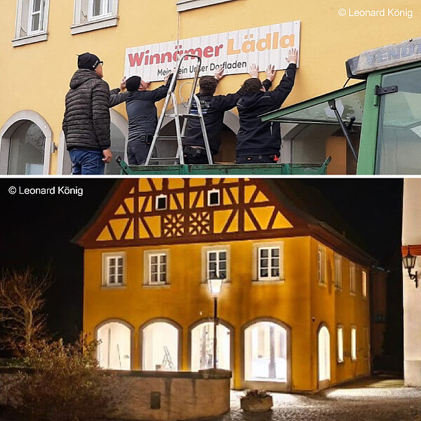 Bildcollage: Oben befestigen warm gekleidete Personen auf dem Anhänger eines Traktors ein Banner mit der Aufschrift ‚Winnämer Lädla‘, darunter der hell erleuchtete Dorfladen bei Nacht in einem gelben Fachwerkhaus mit großen Torbögen.