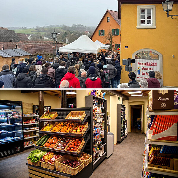 Bildcollage: oben Menschenmenge vor einem Dorfladen bei einer Eröffnung; unten Innenansicht mit Regalen voller regionaler Lebensmittel.